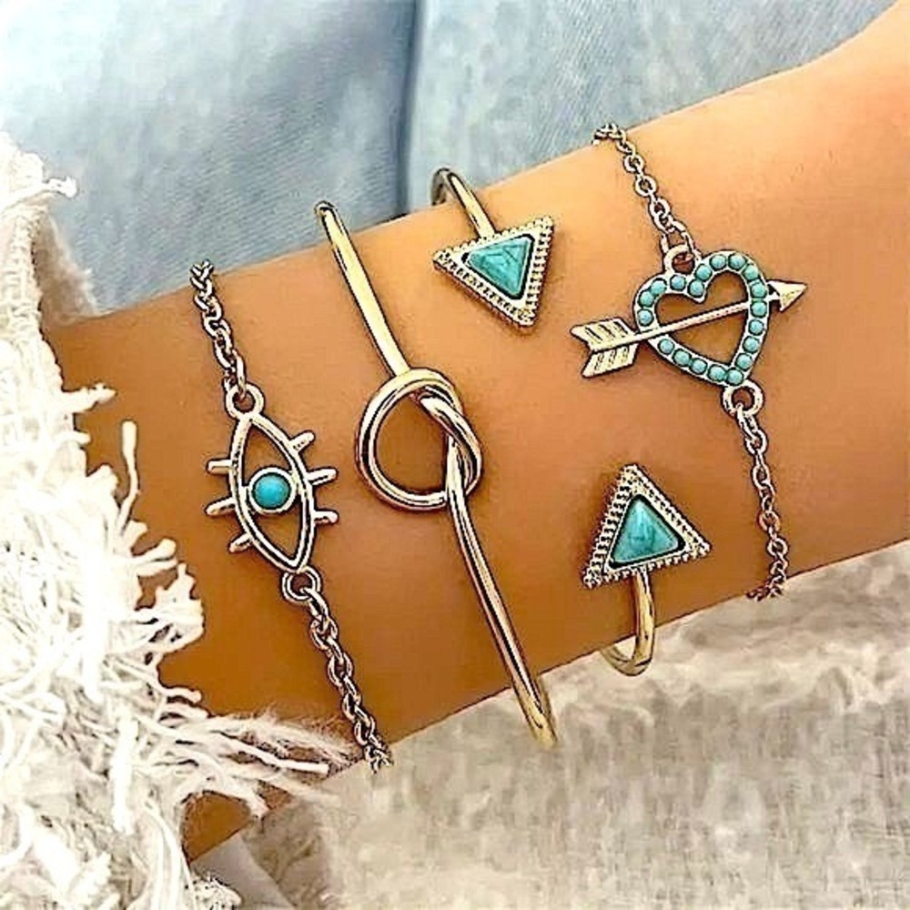 🌟Women's Fashion Jewelry Evil Eye Gold and Turquoise Love 4 Piece Bracelet Set